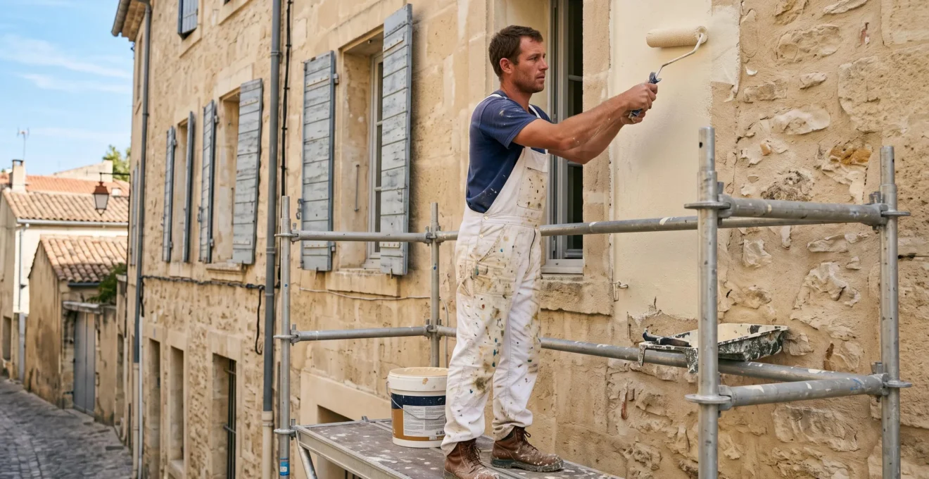 Artisan peintre appliquant de la peinture sur la façade en pierre d'un bâtiment provençal à Avignon