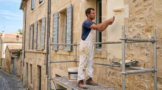 Artisan peintre appliquant de la peinture sur la façade en pierre d'un bâtiment provençal à Avignon