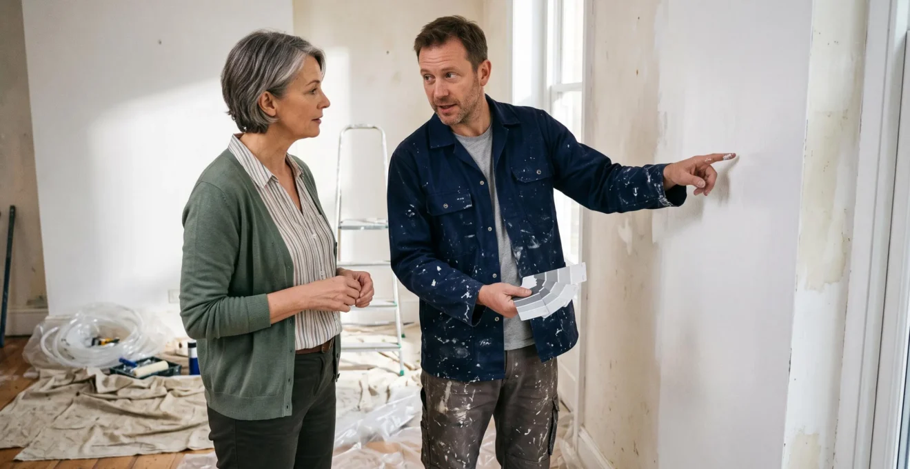 Artisan peintre expliquant des détails de travaux à une cliente dans un intérieur en rénovation