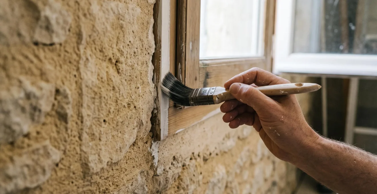 Main d'artisan peintre réalisant une finition précise au pinceau sur une façade en pierre calcaire
